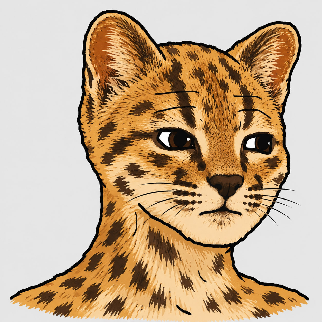 Original hand-drawn portrait of Wojak Tigrino, an orange striped tiger with a pensive, sideways gaze